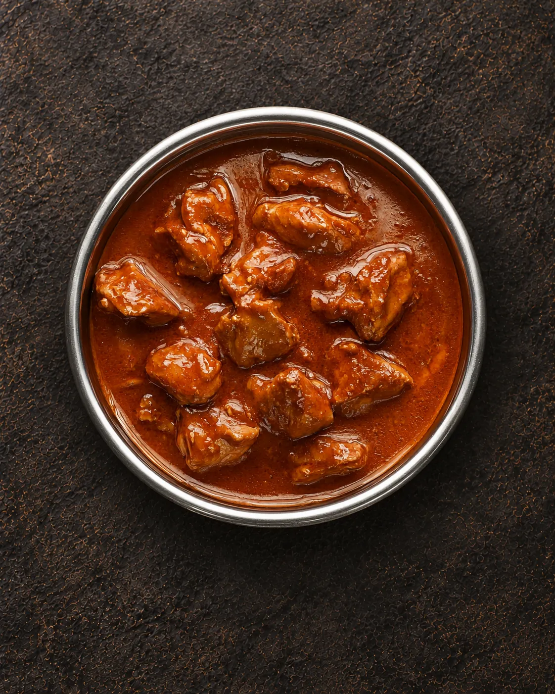Lamb curry served in a steel bowl with warm spices
